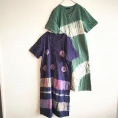 インド絞り藍染めタイダイ柄 半袖ワンピース M 2枚組 【パークガール】夏素材