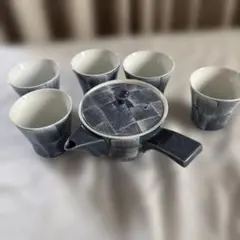 急須と湯呑みセット 青白幾何学模様