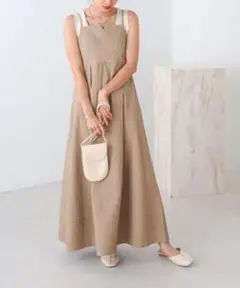 【Bab】ベージュ ジャガードハイウエスト切替ワンピース キャミワンピース M
