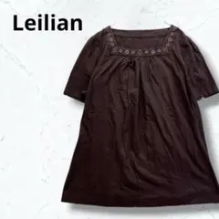 レリアン Tシャツ ビジュー装飾 スクエアネック 半袖カットソー 焦茶 M 夏のサムネイル