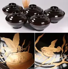 【CM460】天然木漆塗 親子雀と稲穂金蒔絵 黒椀 五客 大正昭和 漆芸 漆器