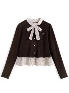 GRL リボン&ブローチ付きドット柄ドッキングカーディガン