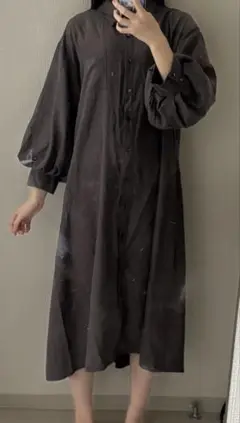 ダークグレー シャツワンピース 長袖 バルーンスリーブ