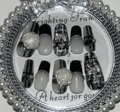 現品 フレンチ スクエア ネイルチップ 薔薇 ツイード チェック