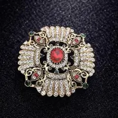 ヴィンテージ調 ブローチ 赤ストーン ゴールド 豪華 キラキラ 高見え 上品
