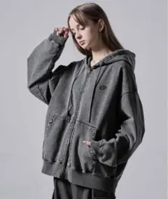 CLEL ヘビーウェイト ロゴ刺繍フルジップパーカー　グレー/S