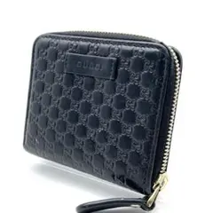GUCCI グッチ 2つ折り財布 レザー 黒 マイクロシマ ラウンドファスナー