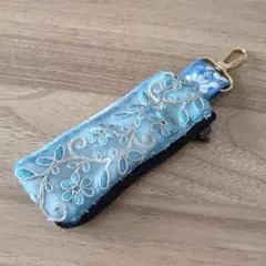 インド刺繍リボン　リップスティックケース 青色