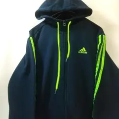 アディダス adidas パーカー S 紺 ネイビー 緑 スリーストライプ 古着