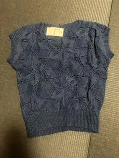 ネイビー 花模様 半袖ニット