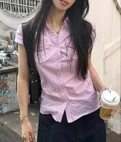 Pink stripe tight blouse