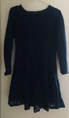 ワンピース レトロ レース 花柄 ネイビー ひざ丈 Mサイズ