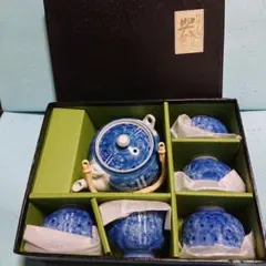 《有田焼》青色花柄急須と茶碗5個セット ★