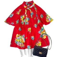美品 ローレンラルフローレン プリーツボウタイフラワープリントブラウス 赤