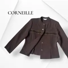 美品 ノーカラージャケット レース装飾 軽量アウター 茶色 上品13 LL