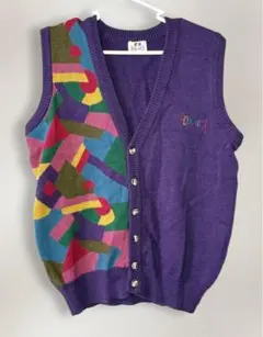 レトロ配色 ニットベスト FORMICA 古着 個性派 総柄 パープル