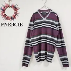 エナジー◇ボーダーニット ウール50% セーター ロゴ刺繍 カラフル メンズ M