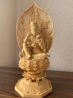 最新作木彫 仏師で仕上げ品 如意輪観音像 仏教美術 木彫り仏像 【如意輪観音菩薩】 桧木 彩色仕上げ 総高31cm : 海