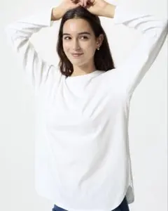 ソフトコットンラウンドヘムT ユニクロ ホワイト 長袖 Tシャツ Mサイズ