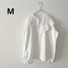 レースフリルブラウス 白 M 綿100％ 春トップス 長袖