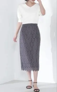 花柄総レース タイトスカート グレー Mサイズのサムネイル