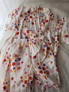 ミキハウス　上下セット　甚平　ガーゼ生地　110cm お花　白　うさぎ