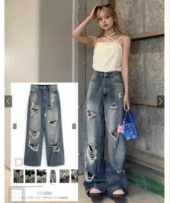 GRL ダメージカットルーズデニムパンツ