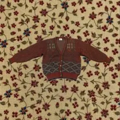 古着 幾何学模様 赤 長袖カーディガン エスニック 森ガール