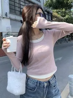 ピンク 長袖 Tシャツ コットン混紡