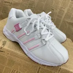 新品★レディース★23.0cm★撥水 幅広 ガム底 Fレザースニーカー 白 桃色