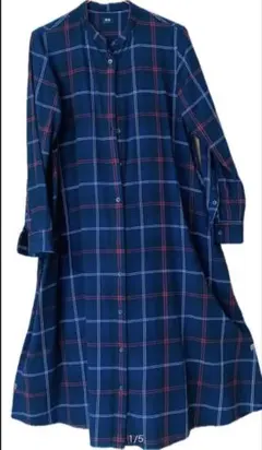 ユニクロ チェック柄 シャツワンピース ネイビー レッド 長袖 ロング丈　S