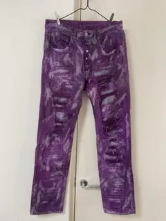 リメイク　パープル ダメージデニムパンツ クラッシュ加工　一点物　紫のサムネイル