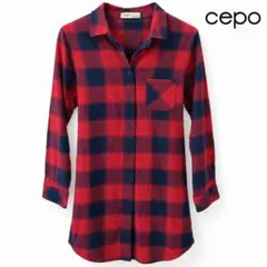 Cepo オンブレチェック柄 長袖シャツワンピース レッド系 Mサイズ タグ付き