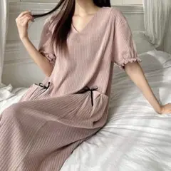 ロングワンピース ルームウェア 半袖 リボン ネグリジェ パジャマ