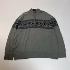 Eddie Bauer ニット　ハーフジップ　ブラックダイアモンド幾何学グレー