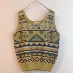 （L）レディース ニット ベスト リネン混 レーヨン混 アート柄 幾何学模様