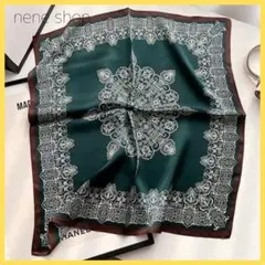 【新品】シルク100％ スカーフ バンダナ 柄 小さめ オシャレ グリーン w