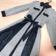 【超美品】axes femme レースストライプ 長袖シャツワンピース ロリータ