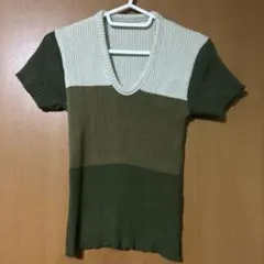 リブ編みTシャツ ニット 半袖 ブロックカラー