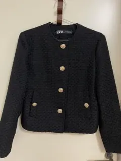 ZARA ノーカラージャケット ツイードジャケット 黒 M