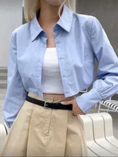 ライトブルー クロップドシャツ Mサイズ