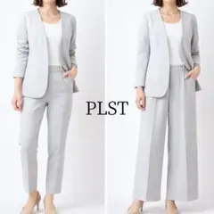 PLST パンツスーツ3点セットノーカラージャケット テーパード ワイド 通勤