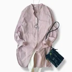 極美品　エブール　コットンシャツワンピース　バンドカラー　ストライプ　春ピンク