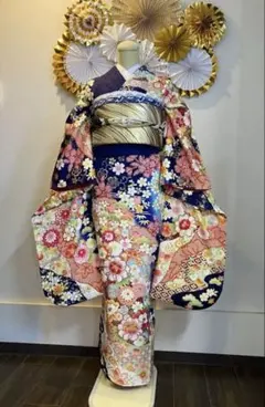 振袖フルセット6点サイズM〜L正絹 扇面鶴飛文　売り切り終了 振袖フルセット6点サイズM〜L正絹 扇面鶴飛文 売り切り終了