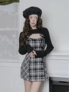 darich ダーリッチ ニットボレロダブルチェックミニワンピース ブラック