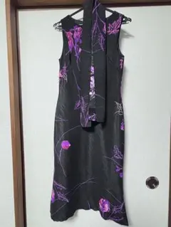 黒紫花柄ノースリーブロングワンピース レディース サイズ9AR