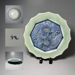 古伊万里 染付 花蝶図八角輪花大皿 特大38.7㎝ 飾皿 時代物 古美術