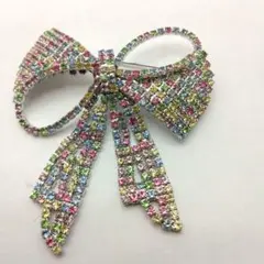 カラフルラインストーン:リボン型ブローチ 日本製-手作り
