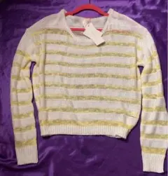 新品タグemsメッシュプルオーバー 黄白ボーダー 袖長ゆったり♪サマーセーター