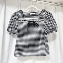 【evelyn】フリルレースカットTP ギンガム　黒